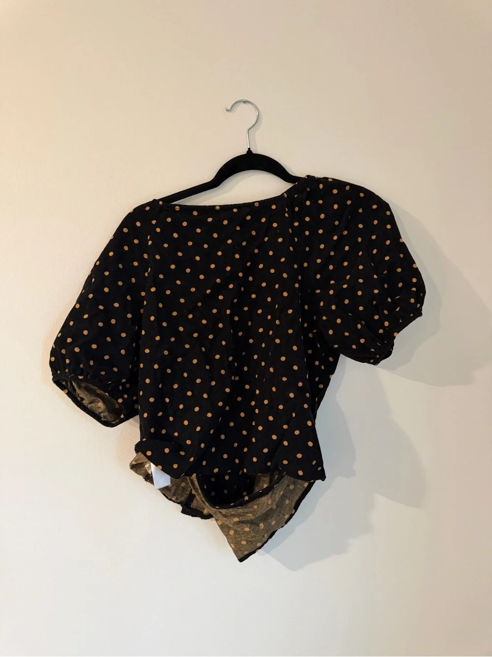 Madewell Black V-Neck Wrap Top with Tan Polka Dots